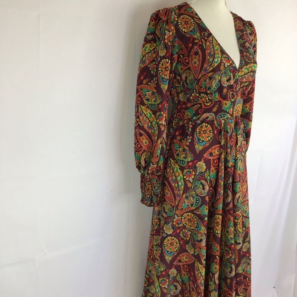 ME 2 MAGIC WOMEN FALL COLORFUL PAISLEY RUFFLE V-NECK LONG SLEEVE MAXI DRESS SZ S - Picture 3 of 10